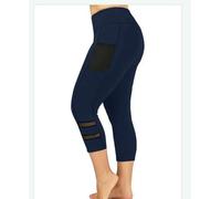 ZERAOKE Women Plus Size Gym Workout Leggings with Pockets Solid Elastic High Waist Athletic Yoga Capri Pants-Navy Blue-2Xl