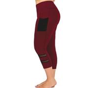 ZERAOKE Women Plus Size Gym Workout Leggings with Pockets Solid Elastic High Waist Athletic Yoga Capri Pants, Wine red, XL