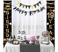 Zercart 19th Birthday Banner Decorations, Black & Gold Triangle Flags, Door Banner, Bunting, Porch Sign, Indoor/Outdoor Party Decor