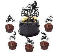Zercart 26Pcs Motorcycle Cupcake Toppers,Happy Birthday Motorcycle Cake Decoration,Black Glitter Motocross Party Cupcake Topper,for Sports Motocross Theme Boy Birthday Party Cake Decorations Supplies