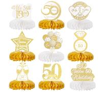 Zercart 9Pcs Golden Wedding Anniversary Table Decorations,Romantic Honeycomb Table Topper,Golden Wedding Anniversary Table Decorations,Cheers to 50th Wedding Anniversary Honeycomb Table Topper