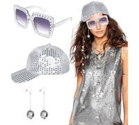 Zercart Adults Abba Hat 70s Disco Accessories, Disco Costume Set with Silver Sequin Disco Hat Sunglasses Silver Earrings
