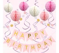 Zercart Pink Birthday Decorations,Pink Happy Birthday Banner with Honeycomb Ball,Hanging Swirl Streamer,Circle Dot Garland Decoration ,Birthday Party Decoration for Women Girls Children