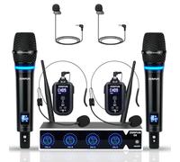 ZERFUN 4 Channel Rechargeable Wireless Microphone System, Pro UHF Metal Handheld Headset Lavalier Lapel Cordless Mics for Karaoke Singing Church with VOL Control, 4x50 Adjustable Frequency(G8)