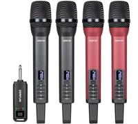 ZERFUN 4 Rechargeable Wireless Microphones, Pro Handheld Cordless Mics System with Echo Treble BASS VOL Control for Karaoke Singing Church Party, 1/4'' Output, Grey&Red