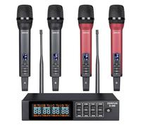 ZERFUN Rechargeable Wireless Microphone System Pro, 4 x 50 Channel UHF Handheld Cordless Mics with VOL Echo Treble BASS Control, LCD Display, Frequency Lock, XLR, 1/4, 1/8 Output, D-300, Grey&Red