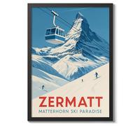 Zermatt Vintage Skiing Poster, Minimalist Wall Art, Mountain Travel Prints, Snow, Ski Trip Home Decor, A1 (Black Frame) - 86.9x62.4cm