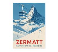 Zermatt Vintage Skiing Poster, Minimalist Wall Art, Mountain Travel Prints, Snow, Ski Trip Home Decor, A5 (Print Only) - 21x14.8cm
