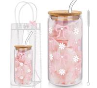 Zernblend 1 Piece 16 Oz Glass with Lid and Straw, 1 Clear Bag and 1 Brush, Clean Girl, Pink Stuff, Aesthetic