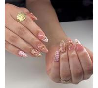Zernblend 24 Short Almond Acrylic Press-On Nails with 3D Flowers and Pearl Design, 24 Pieces