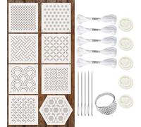 Zernblend 8 Piece Embroidery Templates 4.7 x 4.7 Inches, 5 Embroidery Needles, 5 Bundles of Braided Cords, 5 Rubber Finger Covers and 1 Finger Ring, Hand Quilting, Embossing Templates