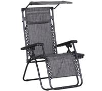 Zero Gravity Garden Deck Folding Chair Texteline Patio Sun Adjustable Lounger Reclining Seat with Cup Holder & Canopy Shade - Grey