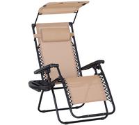 Zero Gravity Garden Deck Folding Chair Texteline Patio Sun Lounger Reclining Seat with Cup Holder & Canopy Shade - Beige