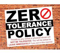 Zero Tolerance Of Verbal Physical Abuse Policy Warning Sign Self Adhesive Gloss Decal Sticker 160mm x 125mm V2