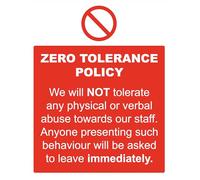 Zero Tolerance Of Verbal Physical Abuse Policy Warning Sign Self Adhesive Gloss Decal Sticker A4 297mm x 210mm