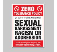 Zero Tolerance Policy - Sexual Harassment Racism Aggression Safety Sign V#2-12"x8" Metal Tin Warning Plaque for Indoor & Outdoor Use