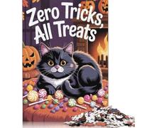 Zero Tricks, All Treats Halloween Cat Puzzle Decompression Toys Paper Rectangular Jigsaw Puzzle for Kids And Adults Age 12 Years Up Easter Gifts 500pcs (52x38cm)