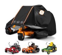 Zero Turn Lawn Mower Cover Universal Fit, 420D Oxford Water Resistant Tractor Cover w/Elastic Hem, Windproof Rope & Storage Bag for Toro TimeCutter, John Deere, Cub Cadet, Husqvarna Black & Orange