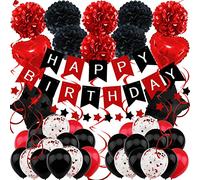 ZERODECO Birthday Decorations, Black and Red Birthday Party Decorations Happy Birthday Banner Pompoms Balloon for Men Women Birthday Party Decorations Supplies