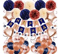 ZERODECO Birthday Decorations for Women, Navy Blue Rose Gold Birthday Party Decorations Happy Birthday Banner Paper Pompoms Balloon for Boys Girls Men Women Birthday Party Decorations Supplies