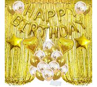 ZERODECO Gold Party Decorations, Bday Metallic Foil Happy Birthday Fringe Shiny Curtains, Star Heart Balloons and Latex Balloons for Birthday Party