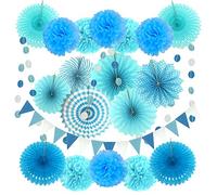 ZERODECO Party Decoration, 21 Pcs Blue Hanging Paper Fans, Pom Poms Flowers, Garlands String Polka Dot and Triangle Bunting Flags for Boy Birthday Parties, Bridal Showers, Baby Showers, Wedding