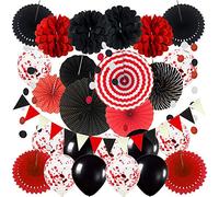 ZERODECO Party Decoration, Hanging Paper Fans Pom Poms Flowers Garlands and Triangle Bunting Flags Easy to Assemble - Black and Red