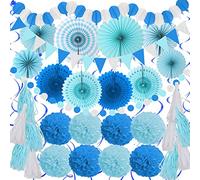 ZERODECO Party Decorations, 41 Pcs Blue Papar Fans Pompoms Garlands String Tissue Paper Tassel for Fiesta Home Bridal Baby Shower Wedding Boy Girl Birthday Party
