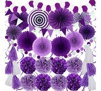 ZERODECO Party Decorations, 41 Pcs Purple Papar Fans Pompoms Garlands String Tissue Paper Tassel for Fiesta Home Bridal Baby Shower Wedding Boy Girl Birthday Party