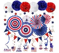 ZERODECO Party Supplies, Navy Blue Red Paper Fans Set Pom Poms Star Streamer Hanging Swirls USA Flag for 4th of July Day Patriotic Decorations Birthday Wedding Graduation Independence Day
