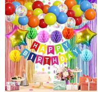ZERODECO Rainbow Decorations, Multicoloured Fringe Backdrop & Happy Birthday Banner - Honeycomb Balls, Pompoms, Foil Balloons for Kid & Baby - Colorful Party Celebration