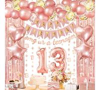ZERODECO Rose Gold Birthday Party Decorations 13th, Omg Ur a Teenager Happy Birthday Banner Fringe Curtain 13 Garland Heart Star Foil Confetti Balloons for Women Girls Queen Princess Birthday Party