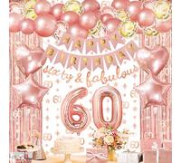 ZERODECO Rose Gold Birthday Party Decorations 60th, Happy Birthday Banner 60th Theme Banner Fringe Curtain 60 Garland Heart Star Foil Confetti Balloons for Women Girls Queen Princess Birthday Party