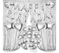 ZERODECO Silver Birthday Party Decorations, Bday Metallic Foil Happy Birthday Garland, Fringe Shiny Curtains, Star and Heart Balloons Confetti Latex Balloons for Party Decorations