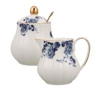 Zerodeko 1 Set Ceramic Creamer and Sugar Bowl: Blue Floral Coffee Serving Set with Lid & Spoon, Creamer Pitcher and Sugar Jar for Home Kitchen Office Bar
