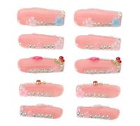 Zerodeko 10Pcs Medium Size 3D Cherry Rhinestone and Floral Pattern Press on Nails Long False Nails for Women and for Spring Manicure