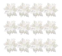 Zerodeko 12pcs Christmas Glitter Poinsettia Flowers, Artificial Flowers with Fixing Clips and Stems, Xmas Tree Ornaments for Party, Wedding, Wreath (White)
