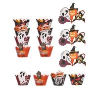 Zerodeko 2 Sets Halloween Cupcake Decorations Paper Muffin Liners and Spooky Toppers with Bats Pumpkin Ghosts for Party Shower Table Setting Embellishments
