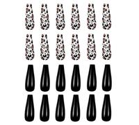 Zerodeko 24pcs Black Leopard Print Long Coffin False Nails for Women Fancy Full Cover Fake Nails Easy to Apply for Prom Halloween Christmas Night Club