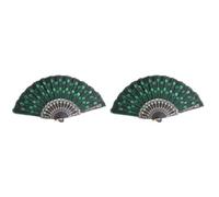 Zerodeko 2pcs Handheld Silk Folding Fans for Women Fabric Folding Fan Peacock Hand Fan - Beautiful Pattern with Green Sequins - Ideal for Weddings, Parties, and Decor