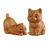 Zerodeko 2pcs Wooden Cat Figurine Set, Hand Carved Miniature Cat Statues with Smooth Comfortable Feel, Beige Wood Material, Creative and Minimalist Design, Tabletop Animal Decor for Home Or