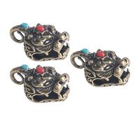 Zerodeko 3pcs Brass Pi Yao Key Chain Charms with Turquoise Inlay Copper Bells, Animal Pendant Decor for DIY Crafts and Accessories, Suitable for Jewelry Making