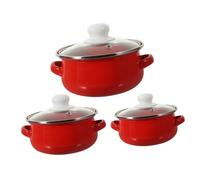 Zerodeko 3pcs Enamel Cooking Pot Set Double Handles Small Flat Bottom Soup Pot Red Mini Hot for Instant Noodles Sturdy Kitchen Cookware