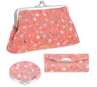 Zerodeko 3pcs Makeup Bag Set with Mirror Floral Cosmetic Coin Pouch for Women Daily Use Cloth Material Chinese Style Orange