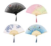 Zerodeko 4pcs Chinese Style Folding Hand Fans Handheld Silk Fabric Fans with Long Handle for Women Girls Traditional Portable Summer Cooling Accessory