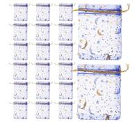 Zerodeko 50pcs Blue Organza Pouches Mesh Drawstring Bags with Gold Silver Moon Star Print Small Jewelry Favor Candy Storage Bags for Wedding Party