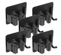Zerodeko 5Pcs Non-Punching Mop Holder Wall Mount with Hooks, Black Plastic Mop Hanger Bracket for Bathroom Kitchen Broom Organizer, Space-Saving Wall Clips for Home Cleaning Tools
