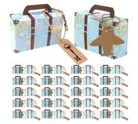 Zerodeko 60pcs Vintage Kraft Paper Mini Suitcase Candy Boxes with World Map Design, Travel Party Favor Boxes with Blue Suitcase and Airplane Key Tags, Wedding Cookie Packaging Set