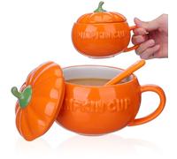 Zerodeko Pumpkin Mug Ceramic Cup with Lid and Spoon 5.1 Inch Porcelain Pumpkin Shaped Mug for Coffee Milk Autumn Homeware Halloween Kitchen Decor