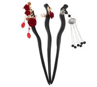 Zerodeko Rose Secure with Intricately Carved Rose Patterns Hair Sticks 3pcs Wooden Hairpins and Tassels Vintage Updo Hair Accessories for Girls and Women Daily Use and Traditional Weddings